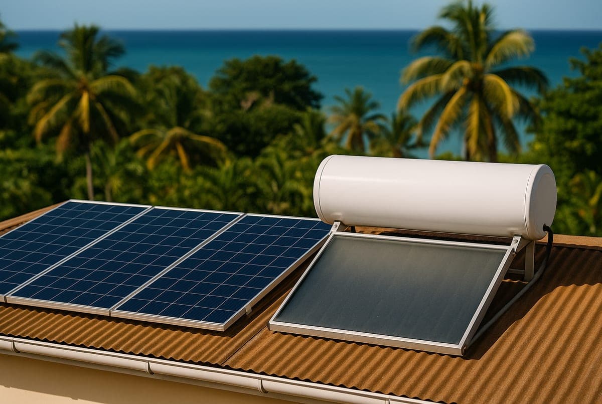 Panneaux solaires photovoltaïques et chauffe-eau solaire côte à côte sur un toit en tôle en Guadeloupe