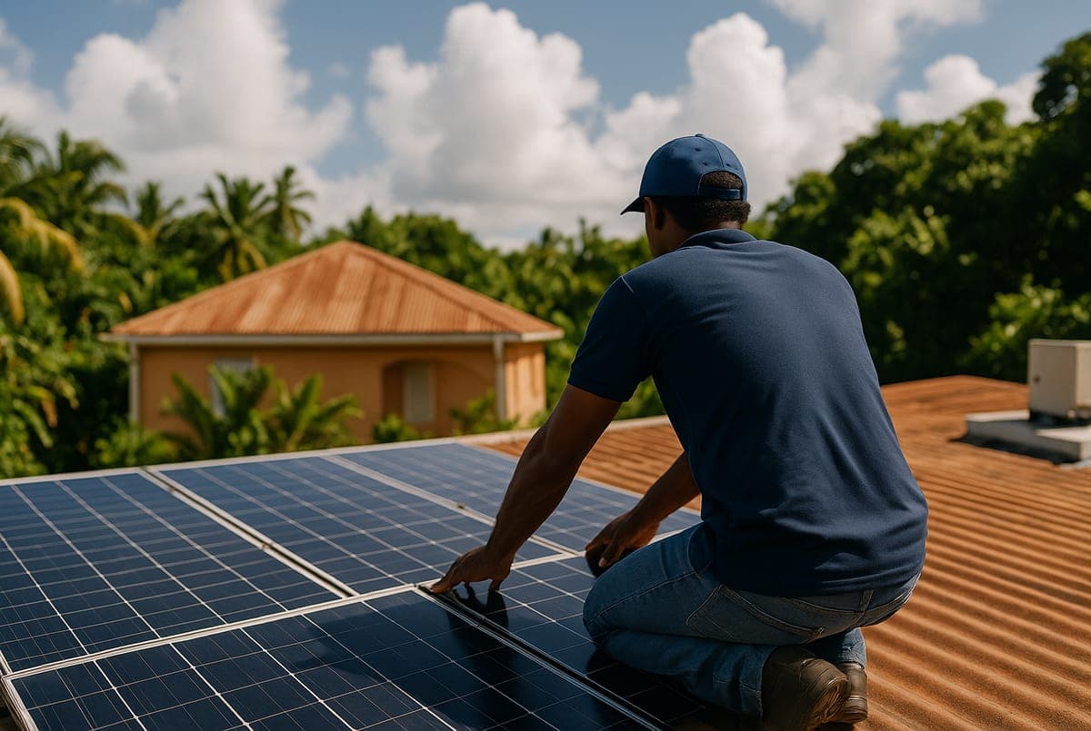 Technicien de dos sur un toit en tôle de Guadeloupe, panneaux solaires posés, ciel tropical