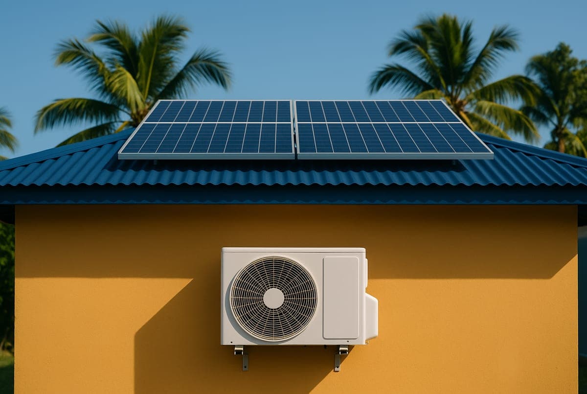 Unité extérieure de climatisation sur le mur d’une maison créole, panneaux solaires sur le toit au soleil