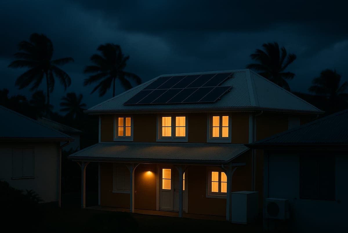Maison créole éclairée au crépuscule sous un ciel orageux, panneaux solaires sur le toit, quartier voisin dans le noir