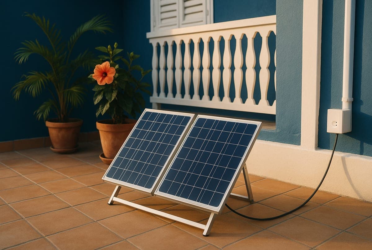 Kit solaire de deux panneaux posé sur une terrasse de maison créole en Guadeloupe, câble vers une prise extérieure