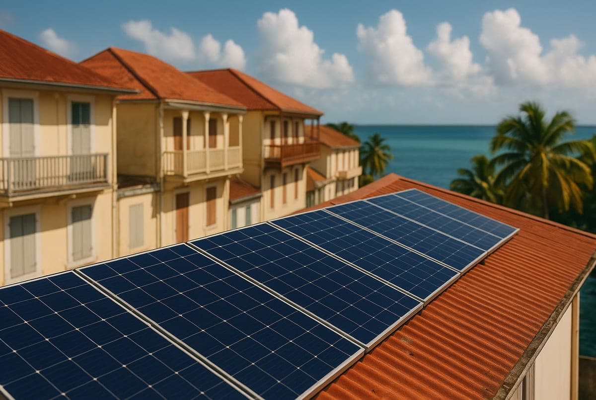 Panneaux solaires sur un toit en tôle à Pointe-à-Pitre, Guadeloupe