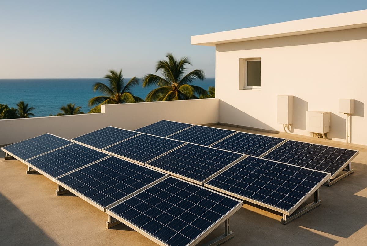Panneaux solaires faiblement inclinés sur la terrasse béton d’une maison en Guadeloupe, mer au loin