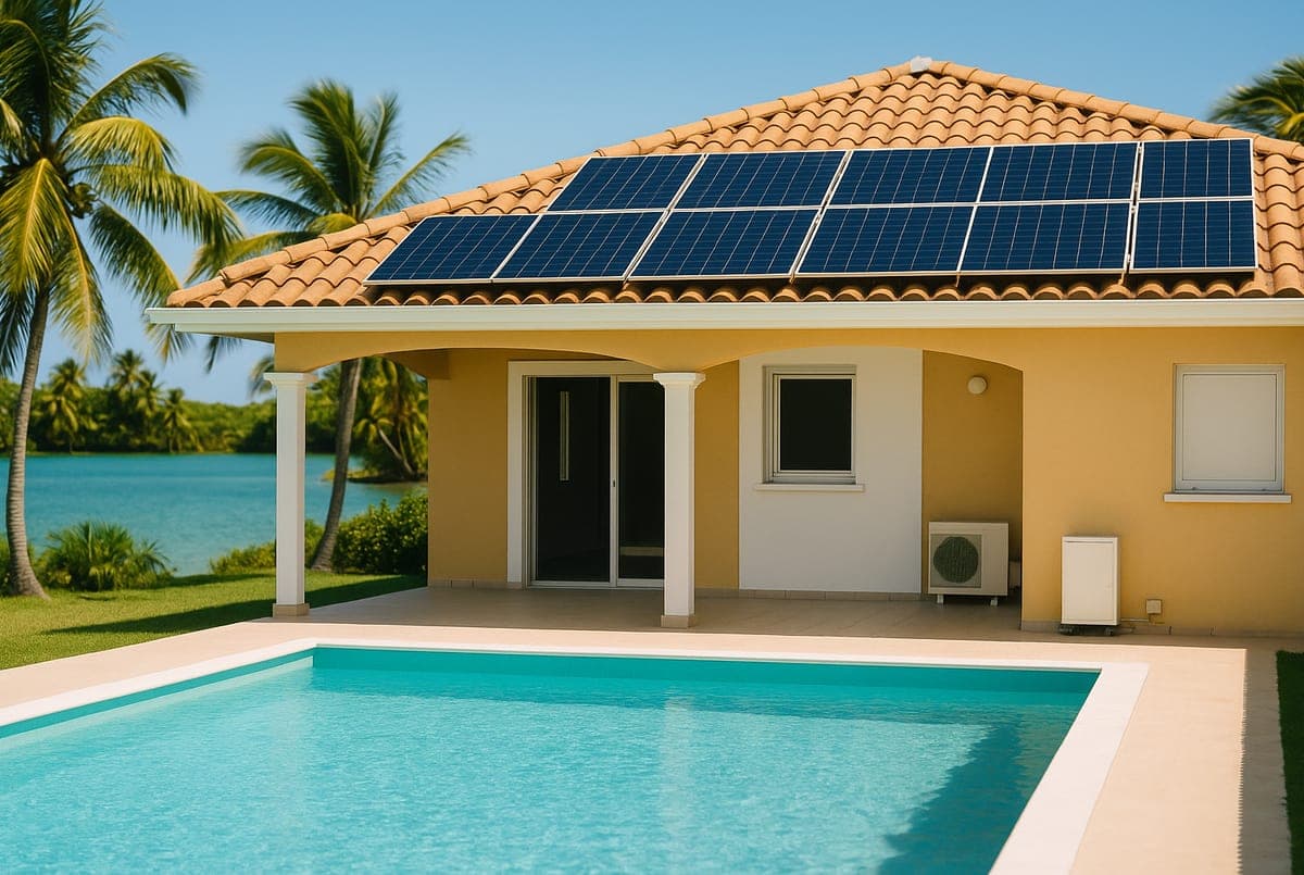 Villa avec piscine et panneaux solaires sur le toit en Guadeloupe, lagon turquoise en arrière-plan