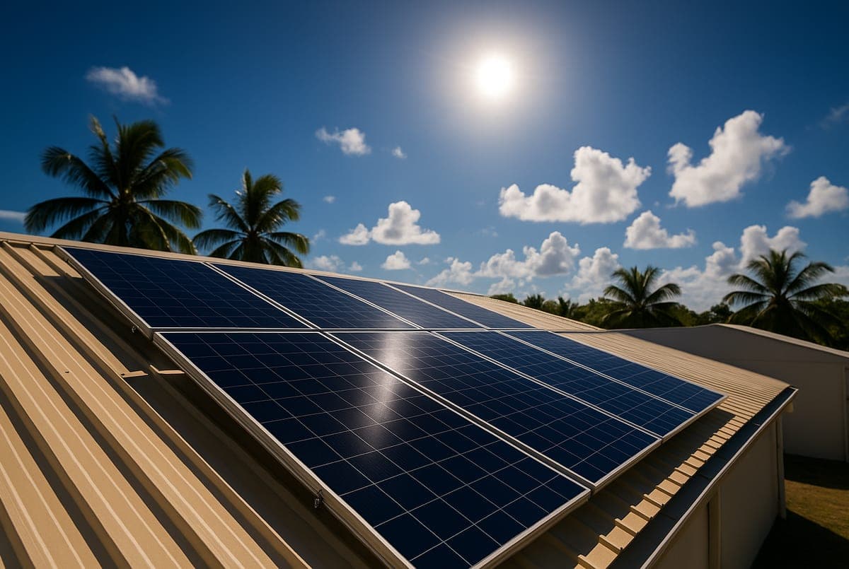 Rangée de panneaux solaires sur un toit en tôle sous le soleil de midi en Guadeloupe, ciel bleu et cumulus