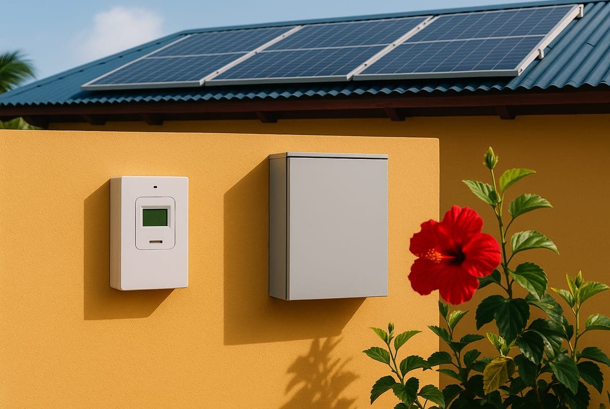 Compteur électrique neuf et coffret de protection sur le mur extérieur d’une maison créole, panneaux solaires sur le toit