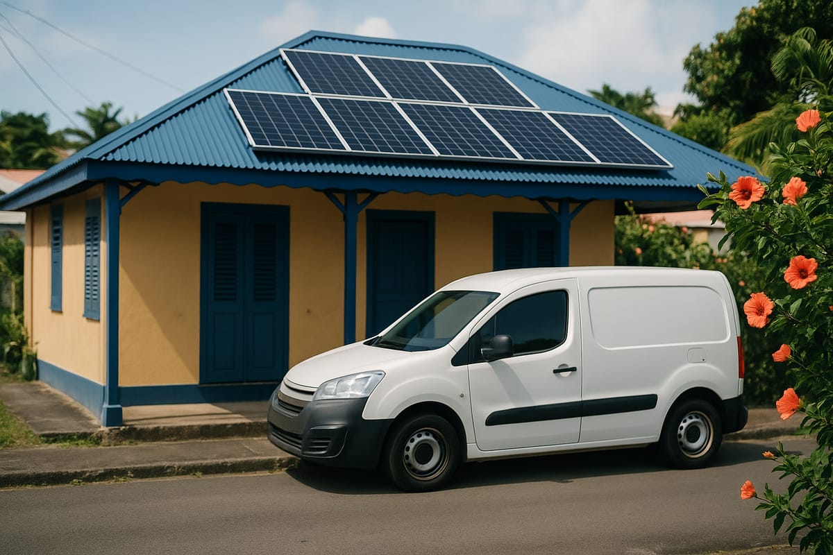 Maison créole avec une installation solaire neuve, camionnette blanche devant