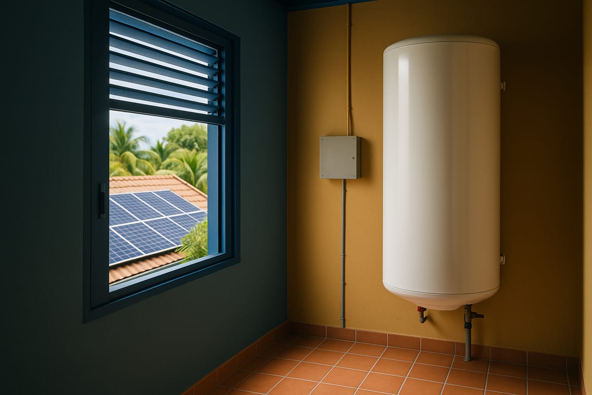 Ballon d’eau chaude et routeur solaire dans le local technique d’une maison créole, panneaux photovoltaïques visibles sur le toit
