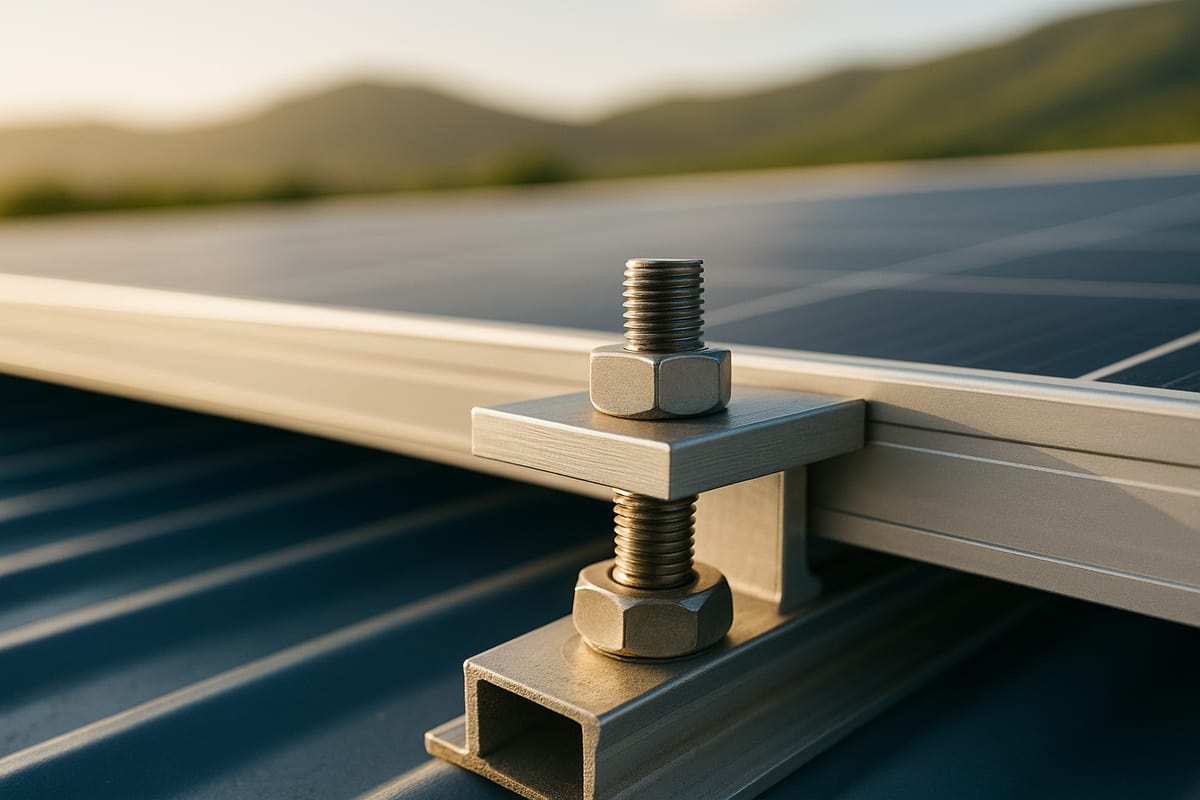 Détail d’une fixation de panneau solaire en inox sur un rail, vissée sur une toiture en tôle