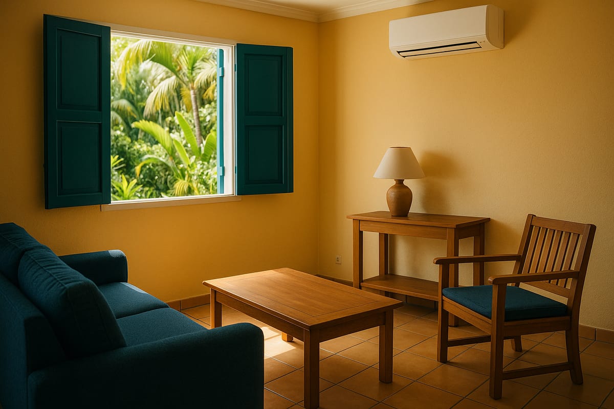 Unité intérieure de climatisation dans un salon lumineux, fenêtre ouverte sur un jardin tropical