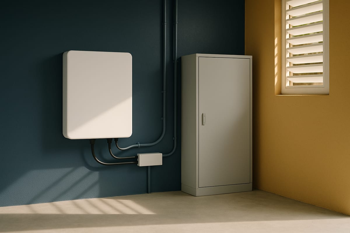 Batterie domestique murale et coffret électrique dans un garage ventilé, lumière du jour