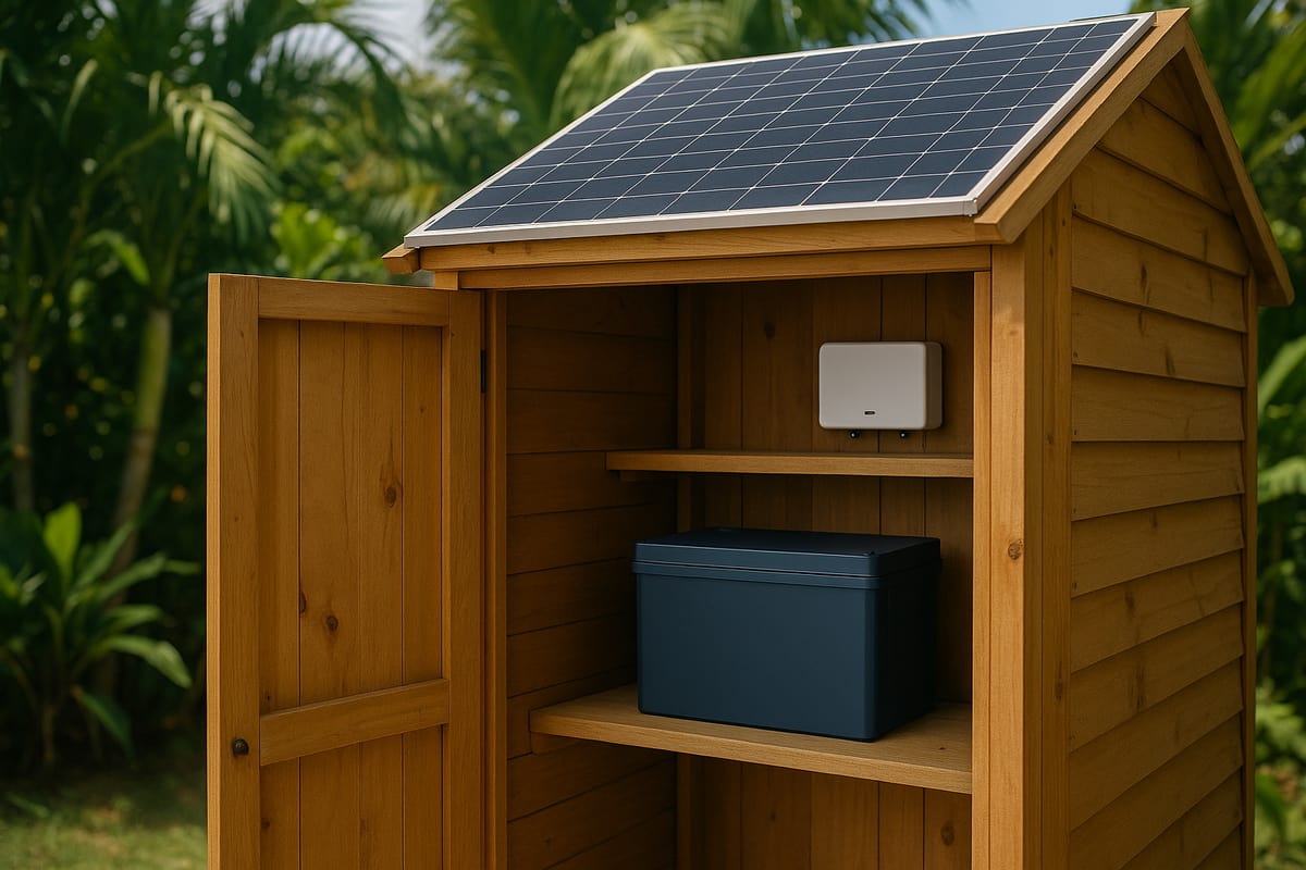 Petit kit solaire autonome avec batterie dans un abri de jardin en bois, un panneau posé sur le toit de l’abri, végétation tropicale