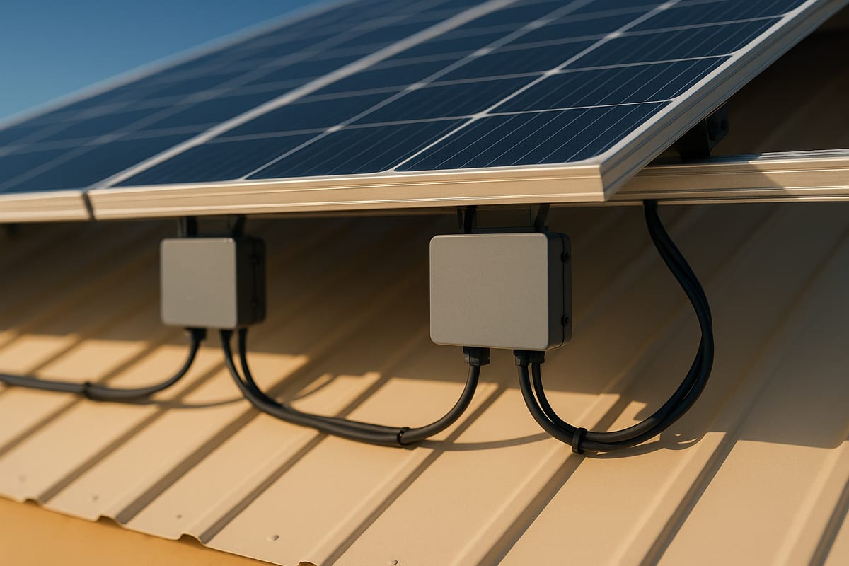 Micro-onduleurs fixés sous les rails d’une installation solaire, câbles rangés, toiture en tôle