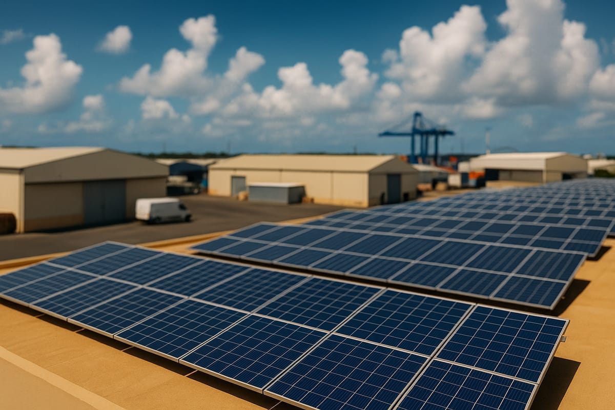 Rangées de panneaux solaires sur le toit plat d’un entrepôt de la zone de Jarry