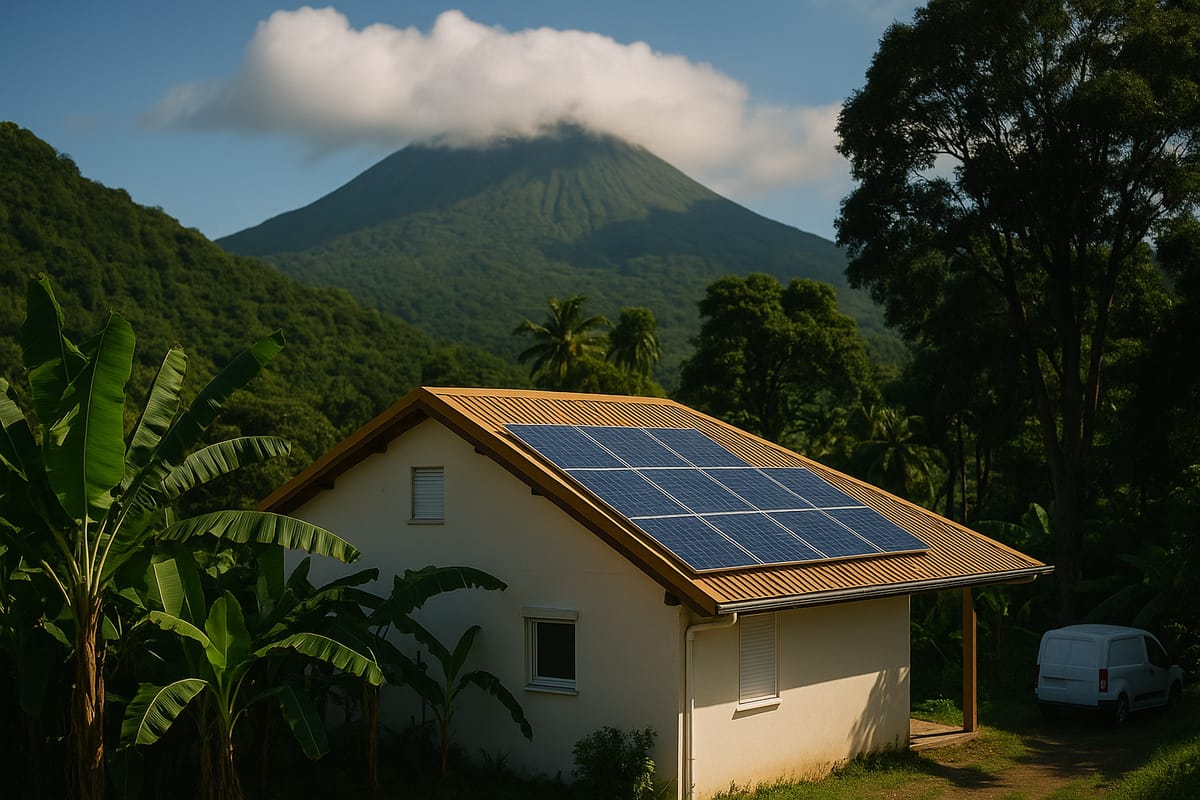 Maison avec panneaux solaires sur un versant de Basse-Terre, la Soufrière dans les nuages