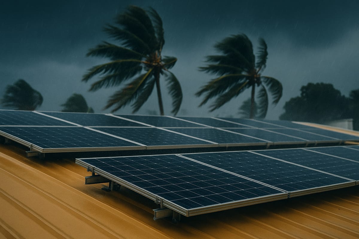Panneaux solaires sur rails renforcés sous un ciel de tempête, palmiers couchés par le vent