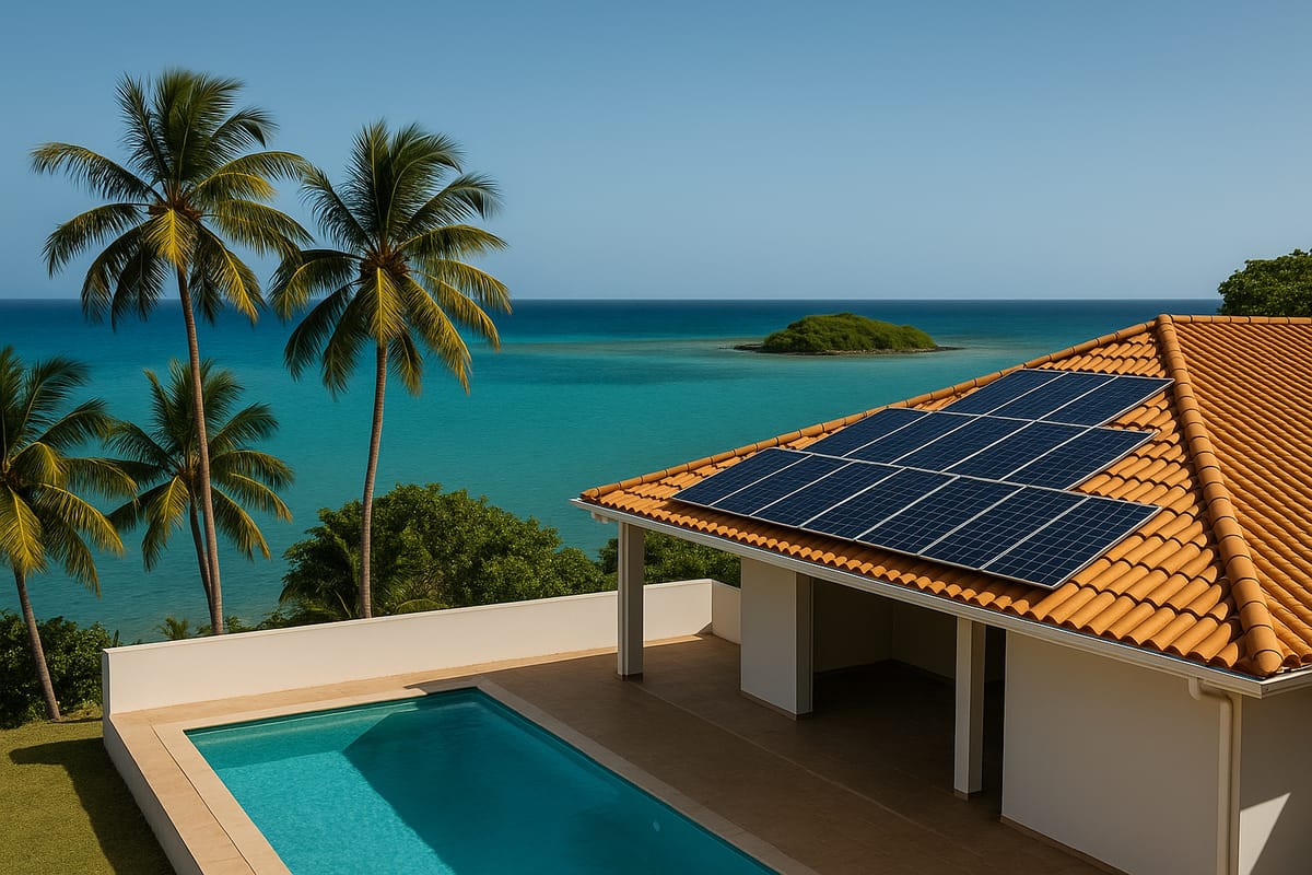 Villa avec piscine et panneaux solaires au Gosier, lagon et îlet en arrière-plan