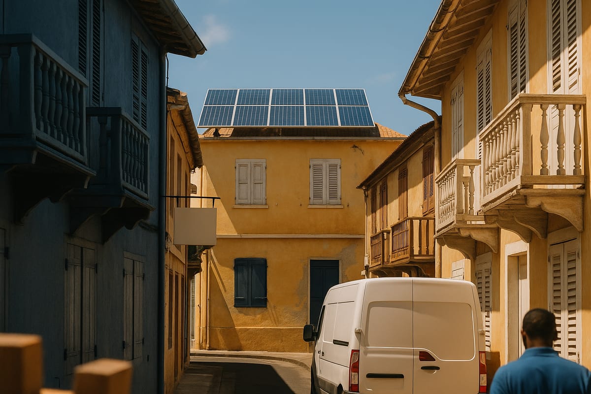 Rue de Pointe-à-Pitre aux balcons coloniaux, panneaux solaires sur un toit