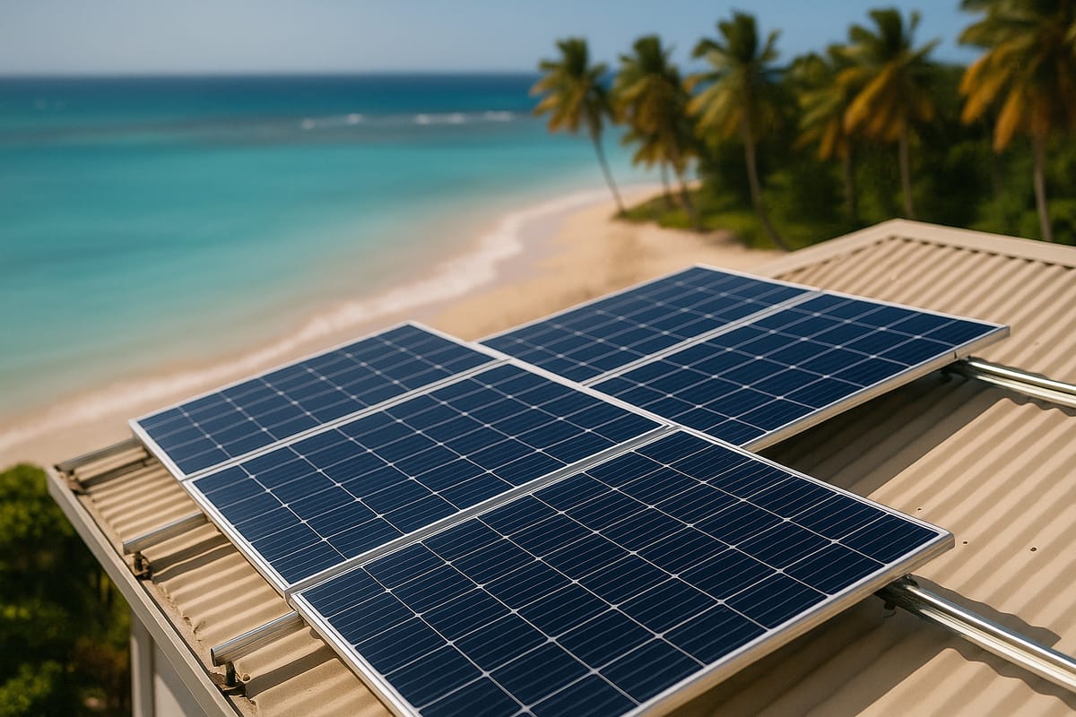 Panneaux solaires sur rails inox au bord d’une plage de Sainte-Anne, lagon turquoise