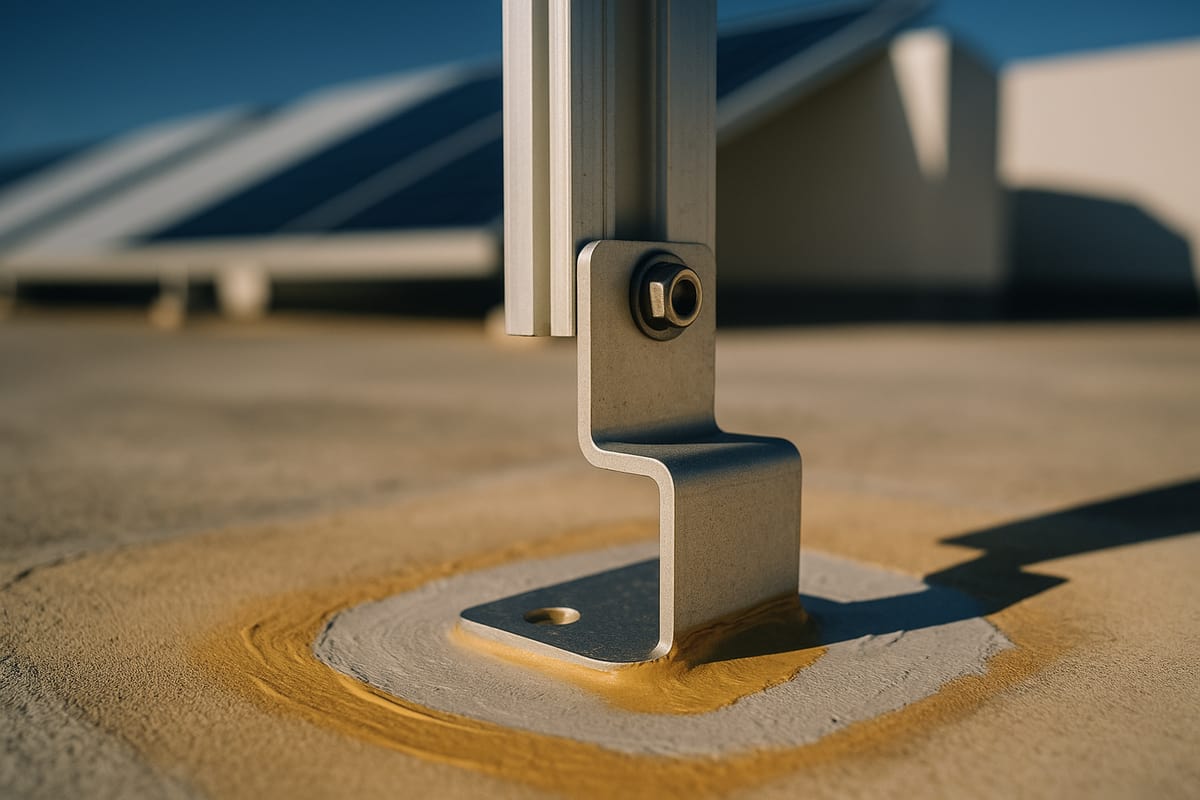 Détail d’un support de panneau solaire ancré sur une dalle béton, étanchéité refaite autour du pied