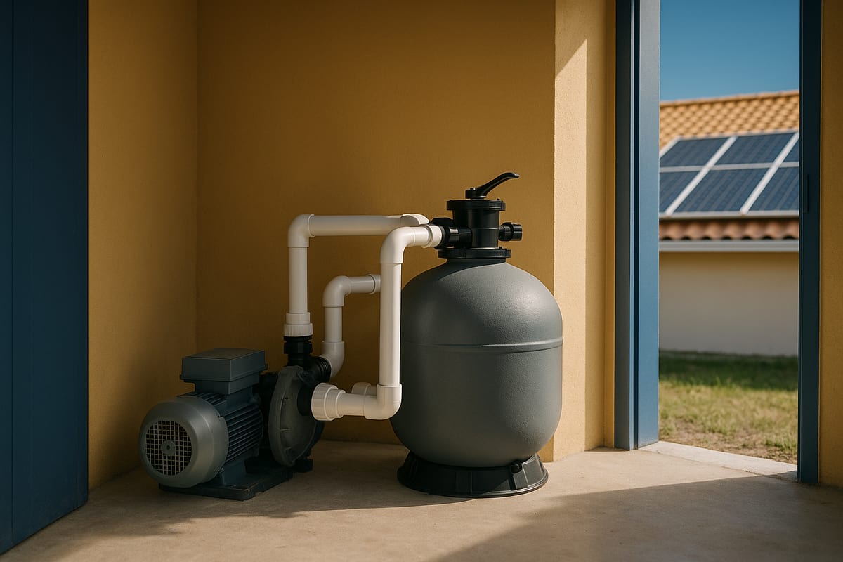 Local technique de piscine avec pompe de filtration et filtre, panneaux solaires visibles sur le toit