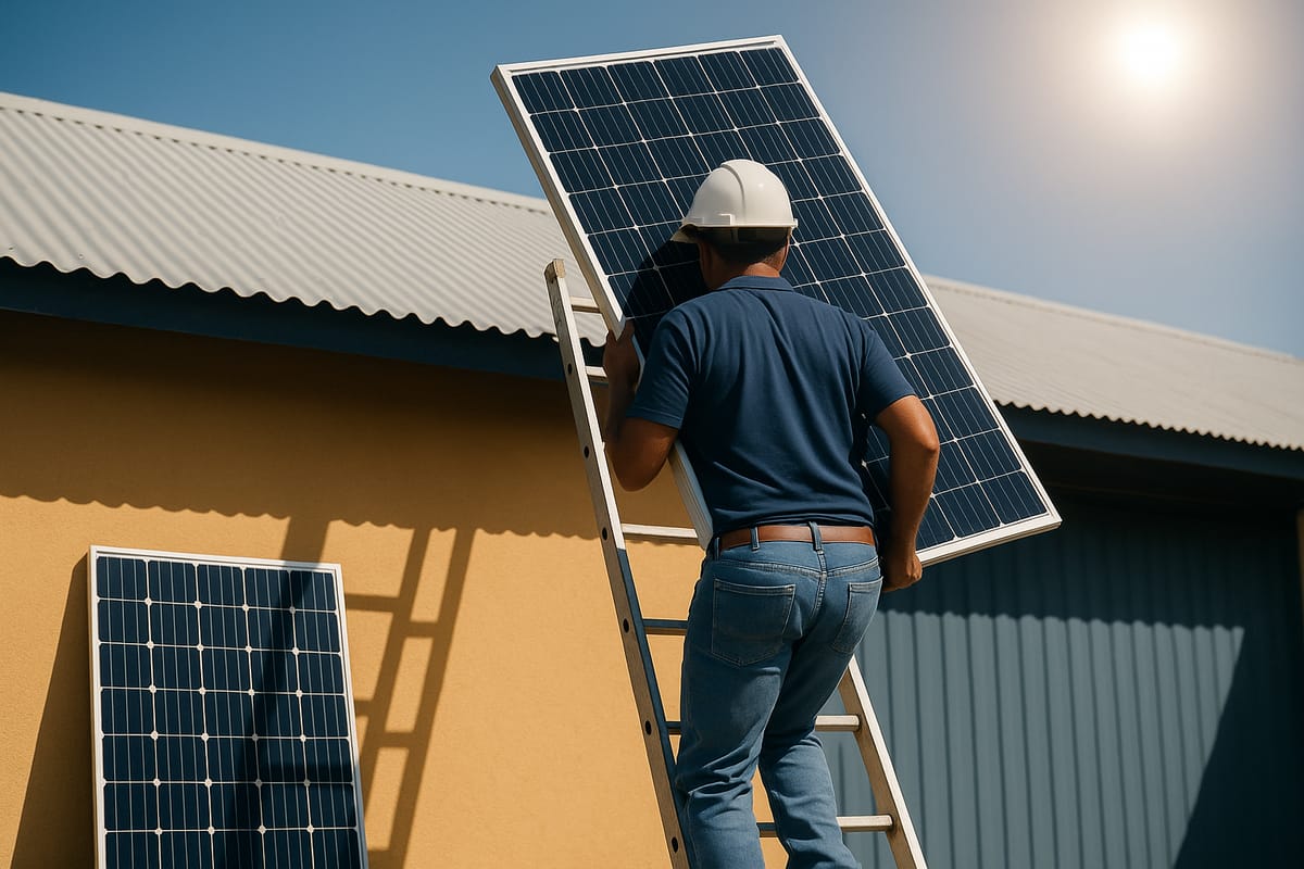 Technicien de dos montant un panneau solaire à l’échelle vers un toit en tôle