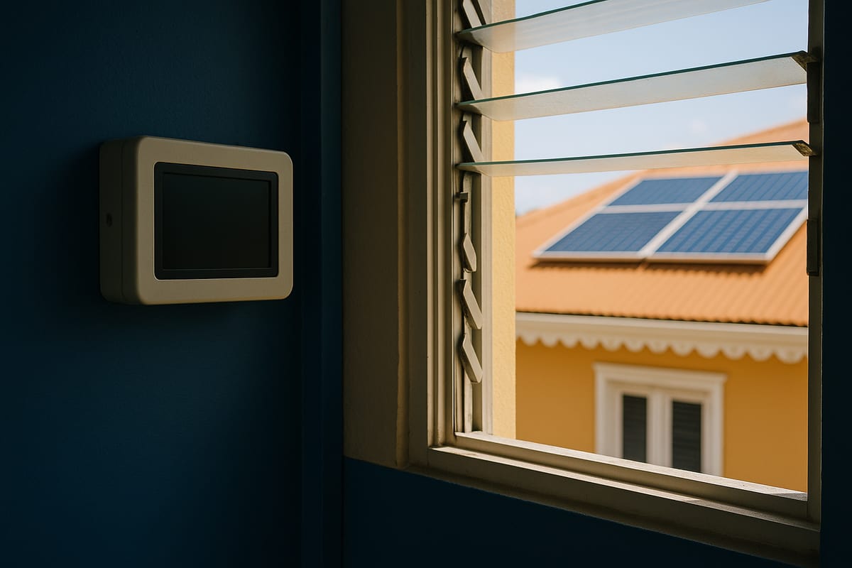 Écran de suivi de production photovoltaïque, vierge, sur le mur d’une maison, panneaux visibles par la fenêtre