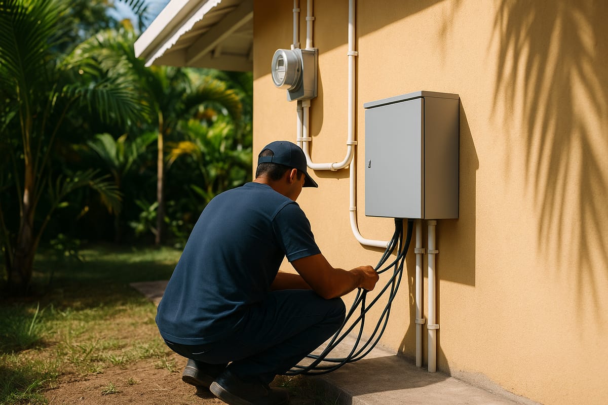 Technicien de dos raccordant un coffret électrique au pied d’une maison, câbles rangés, jardin tropical