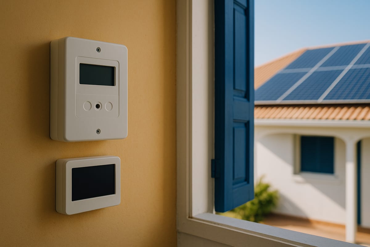 Compteur électrique et écran de suivi dans une maison créole, panneaux solaires sur le toit voisin