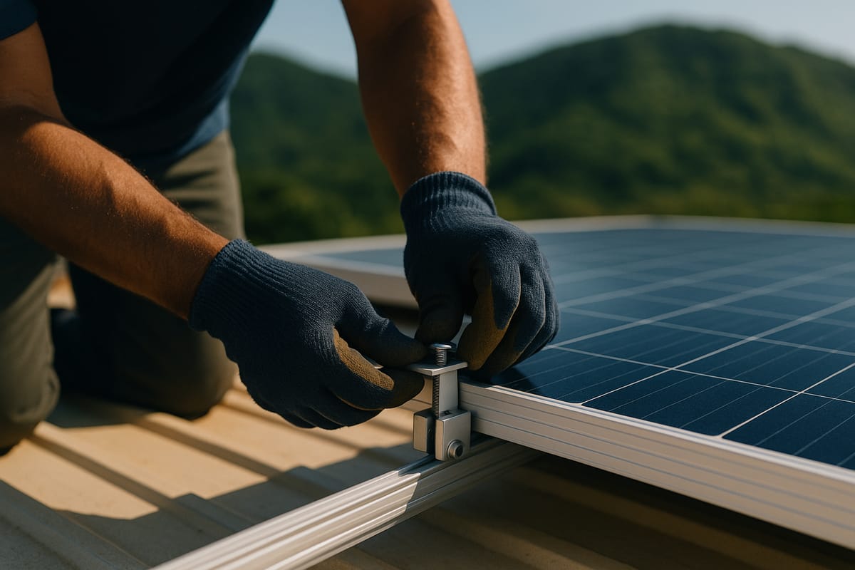 Mains gantées serrant une bride sur le rail d’un panneau solaire, toiture en tôle