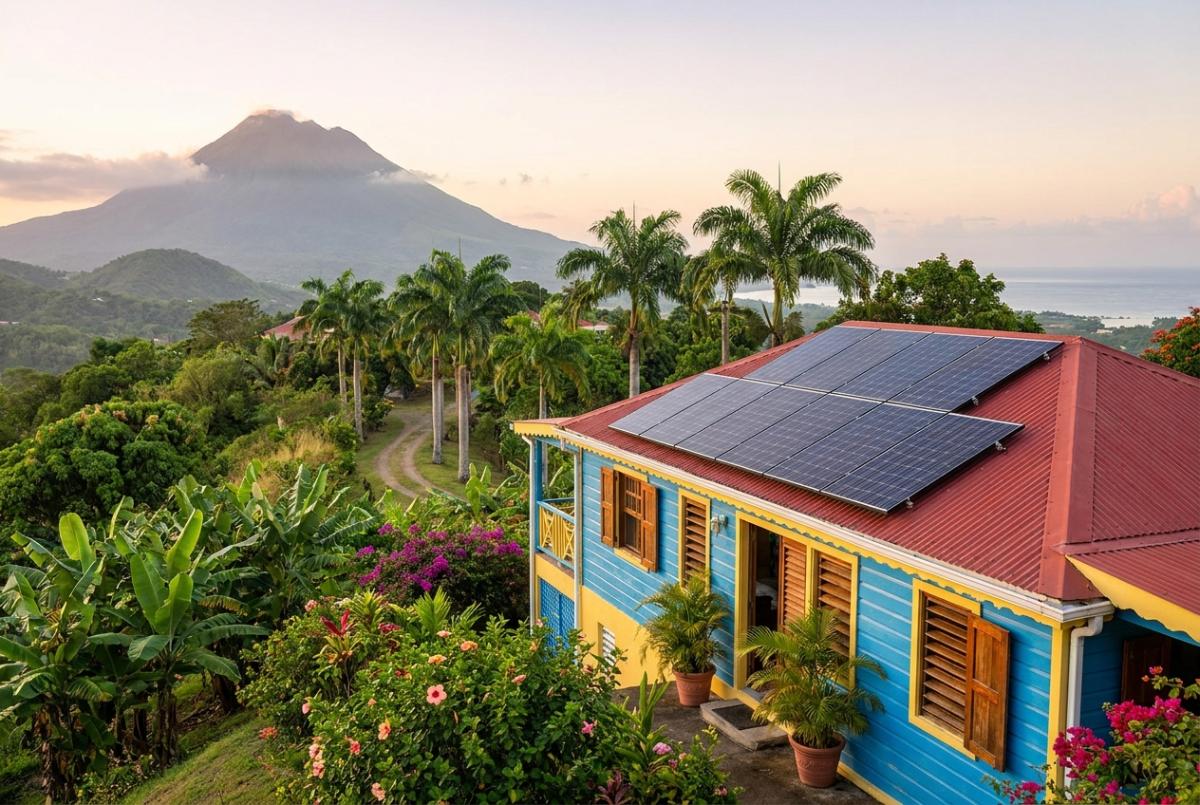 Aides panneaux solaires Guadeloupe : installation photovoltaïque sur toit de case créole face à la Soufrière, Basse-Terre